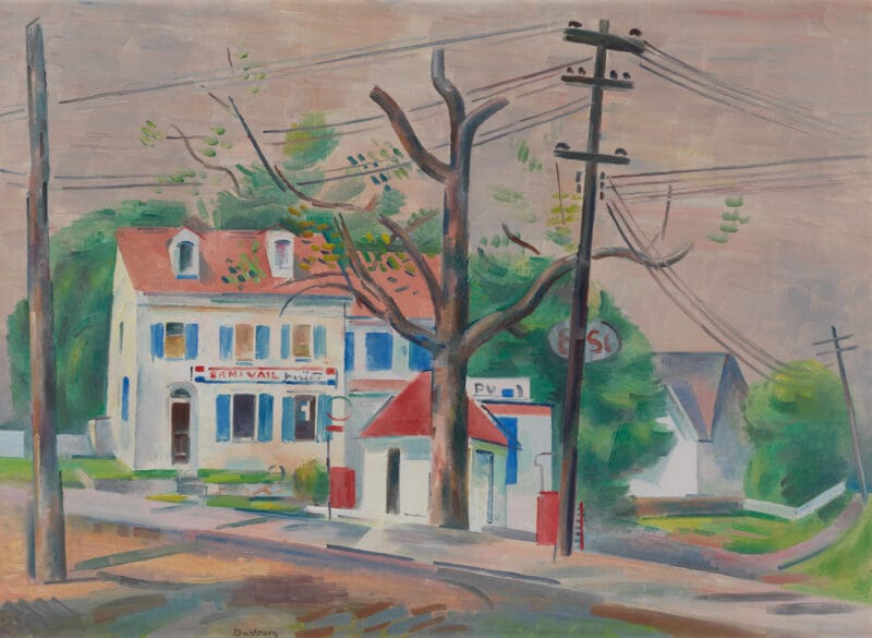 Oil painting of houses, trees, and power lines