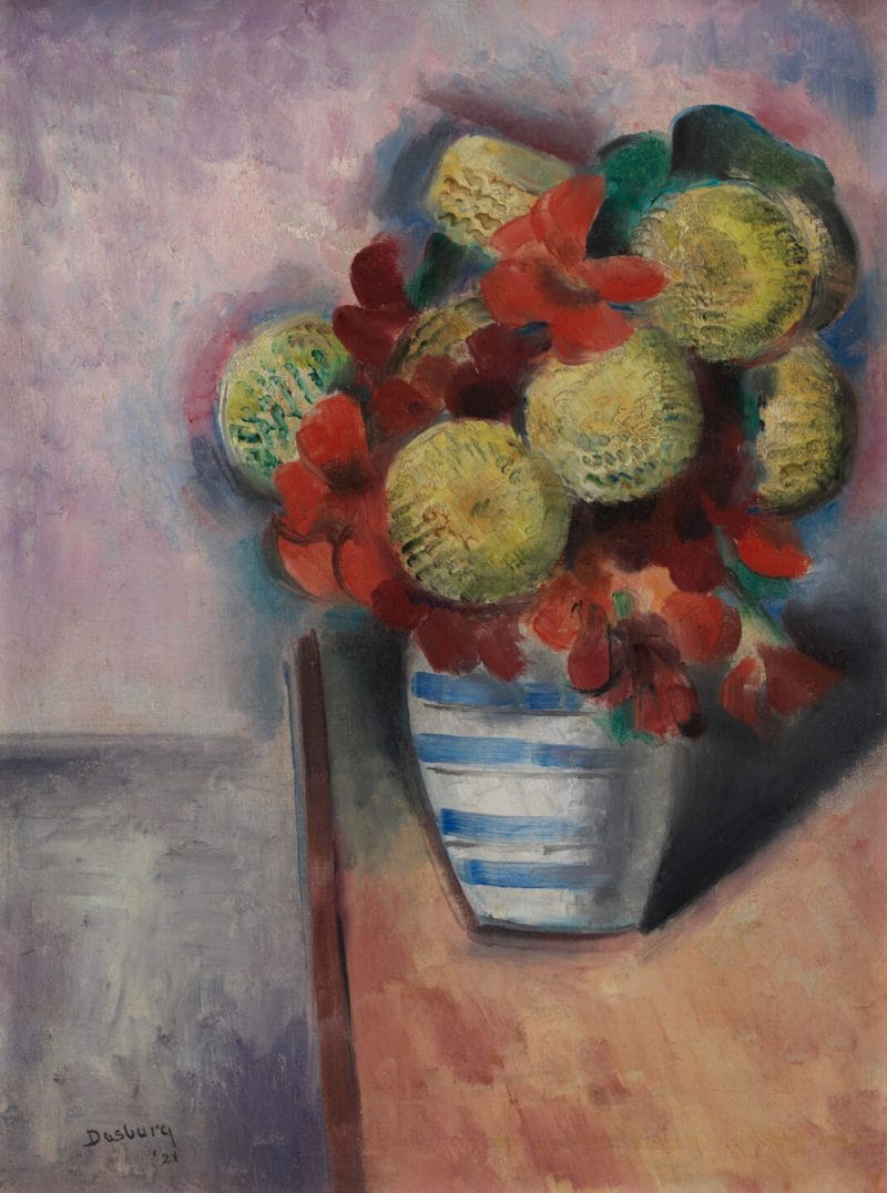 Floral still life painting featuring flowers and vase on a table.