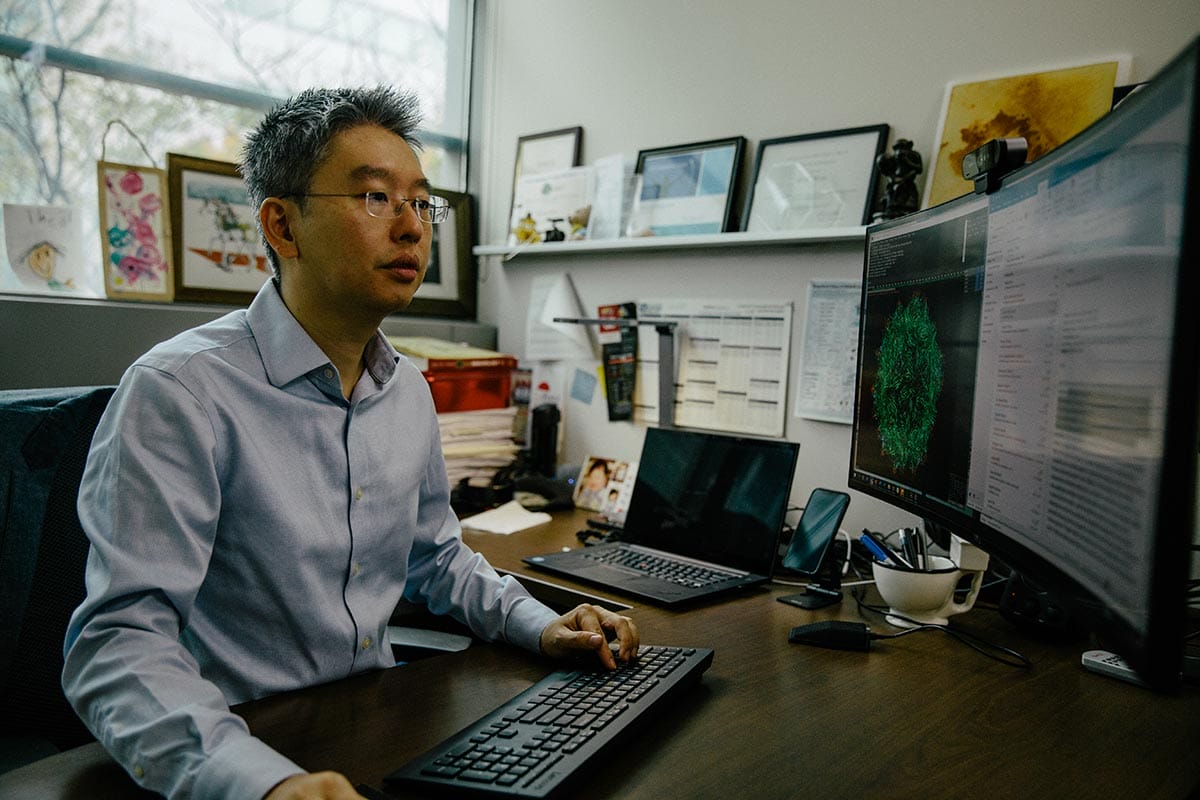 Harris Wang sitting at a desk working on a computer.