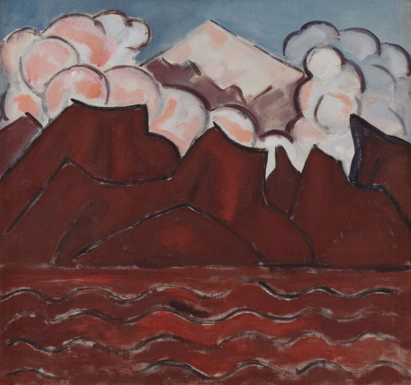 A landscape featuring the snow-covered peak of the active stratovolcano Popocatépetl, in the center of the painting.