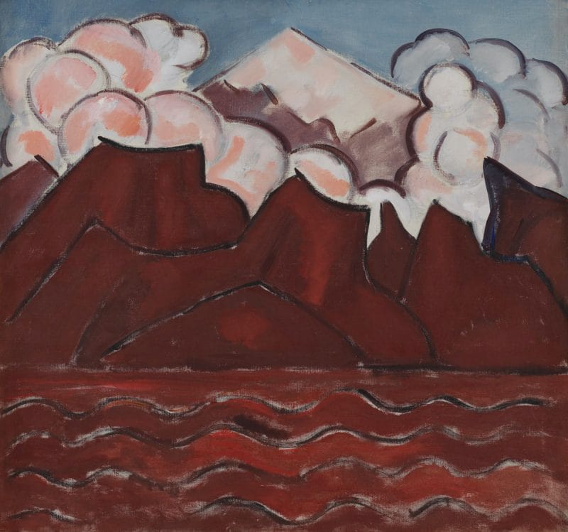 A landscape featuring the snow-covered peak of the active stratovolcano Popocatépetl, in the center of the painting.
