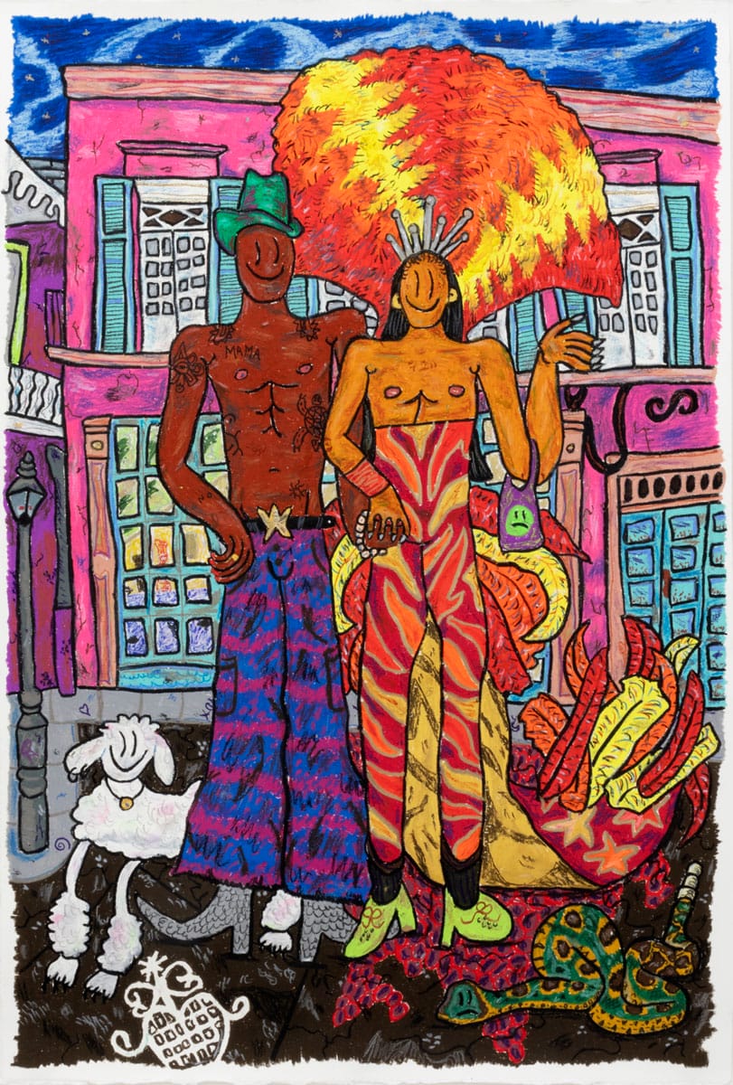 Two shirtless figures holding hands in front of a colorful building.