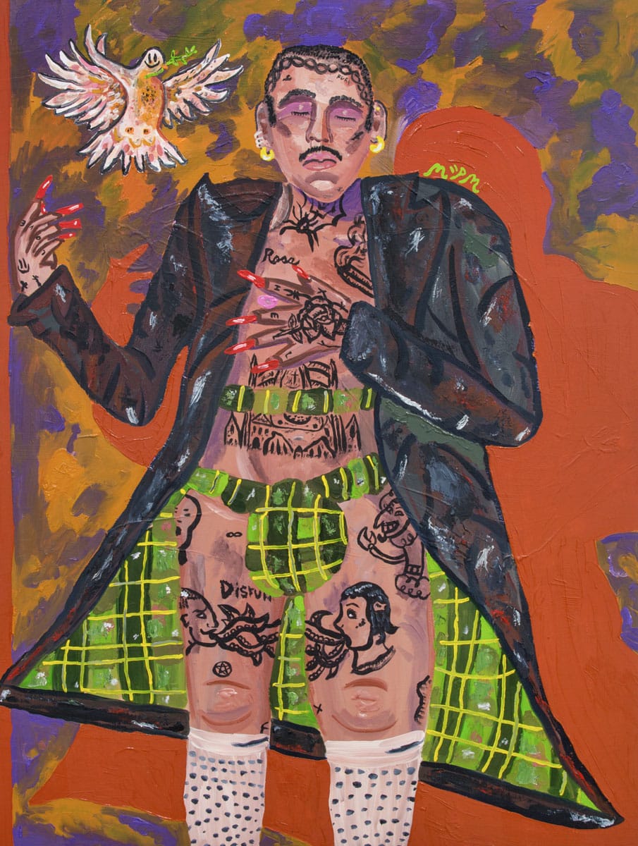 Tattooed figure in a coat on abstract background with a bird.