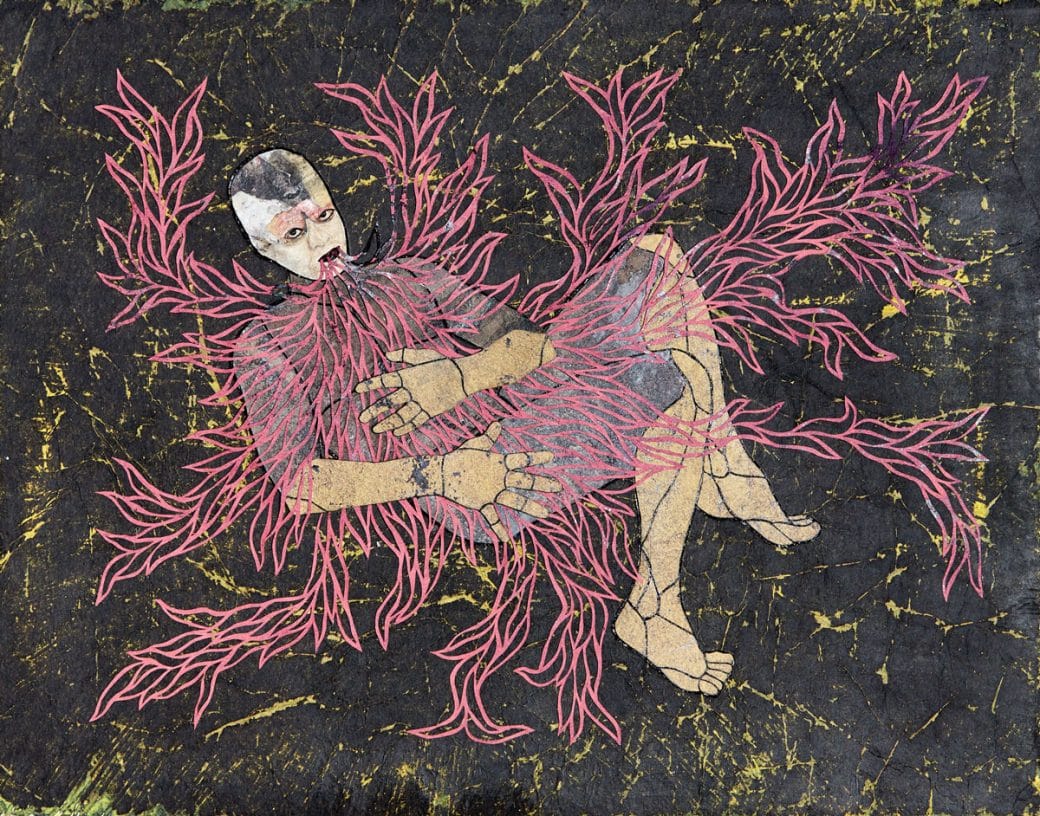 Man embraced in pink leaves coming from his mouth.