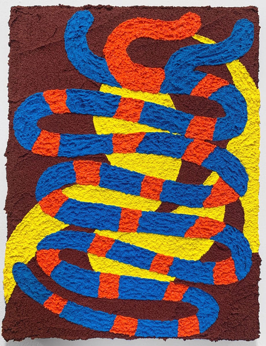 Yellow, blue, and red abstract snake-like pattern.
