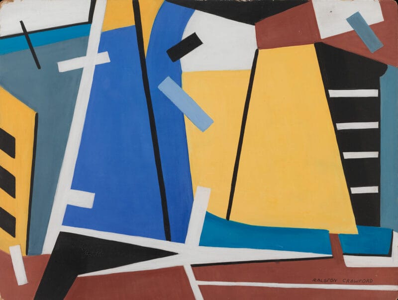 An abstracted geometric composition of blue, yellow, and red.