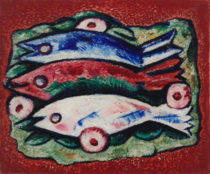 A painting of fish in white, pink, reds, and blues.