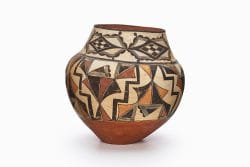 An Acoma jar with feather or cloud motifs and crisscrossing rain lines.