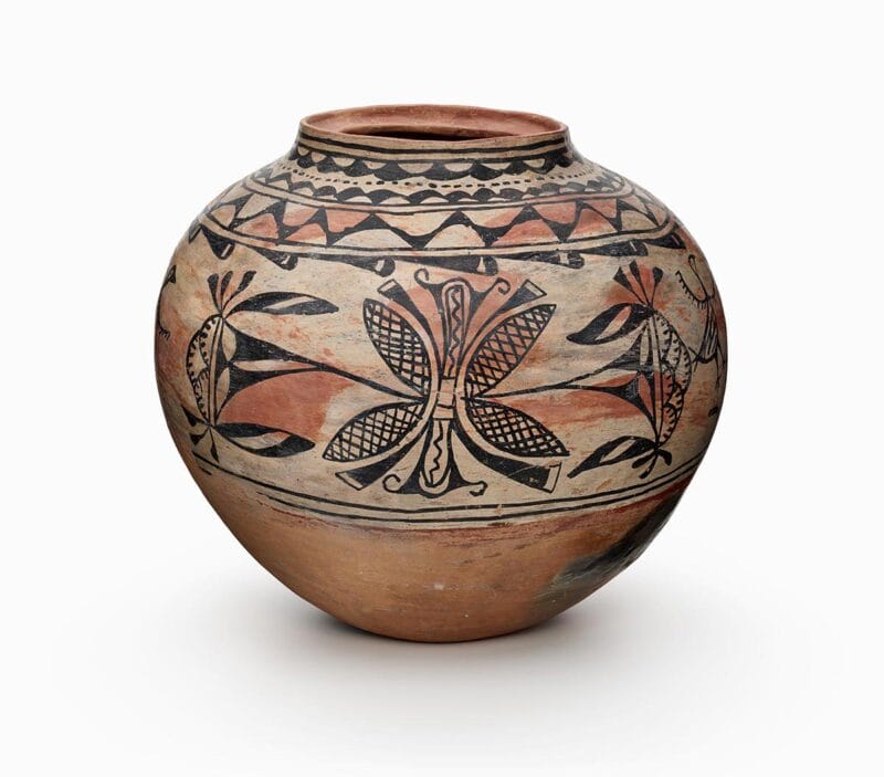 A Tesuque jar with bird forms.