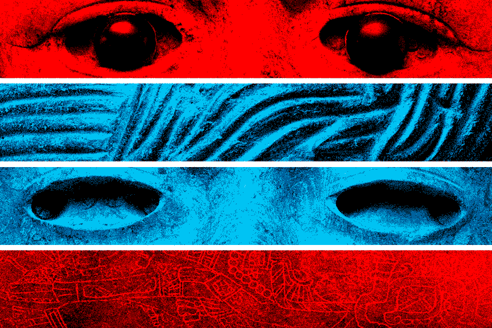 Sections of the faces of Pre-Columbian sculptures in red and blue.