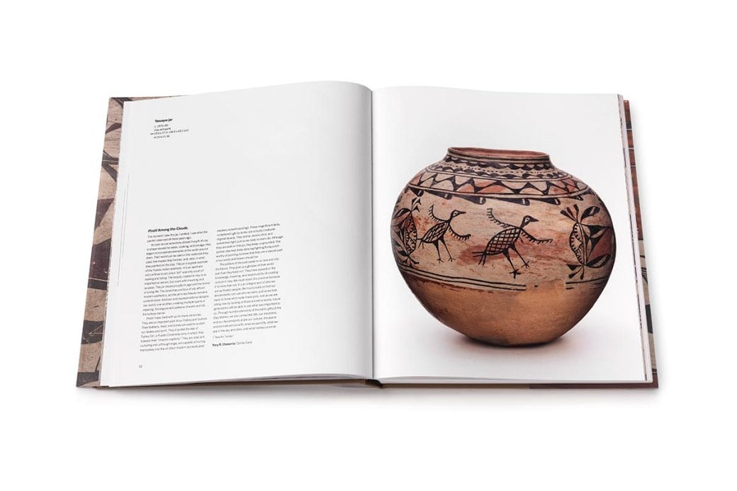 An interior page of the Grounded in Clay catalogue with a Pueblo pot featuring birds.