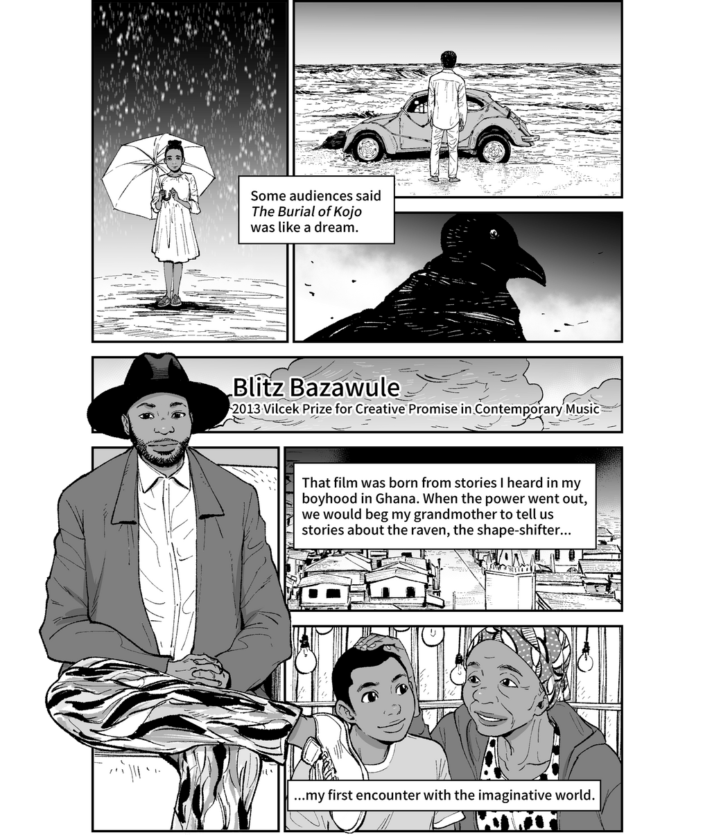 The first three frames are from Blitz Bazawule's film, 'The Burial of Kojo'. 1. A young girl with an umbrella. 2. A Volkswagen Beetle on a beach. 3. A raven. The last three frames are 1. Blitz in the present day sitting with a hat. 2. Houses in Ghana. 3. A young Blitz with his grandmother.