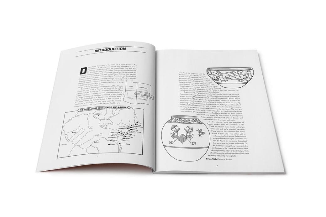 A coloring book of Pueblo pottery open to an introduction page.