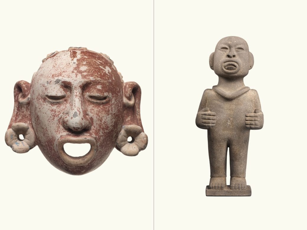 A comparison of two objects: 1. A stone and stucco mask painted rust with large open mouth, and 2. a gray basalt statue with pronounced open mouth and fingers. 