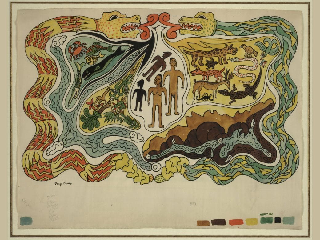A watercolor painting depicting two snake gods creating the world with the first humans, plants, animals, and fish.