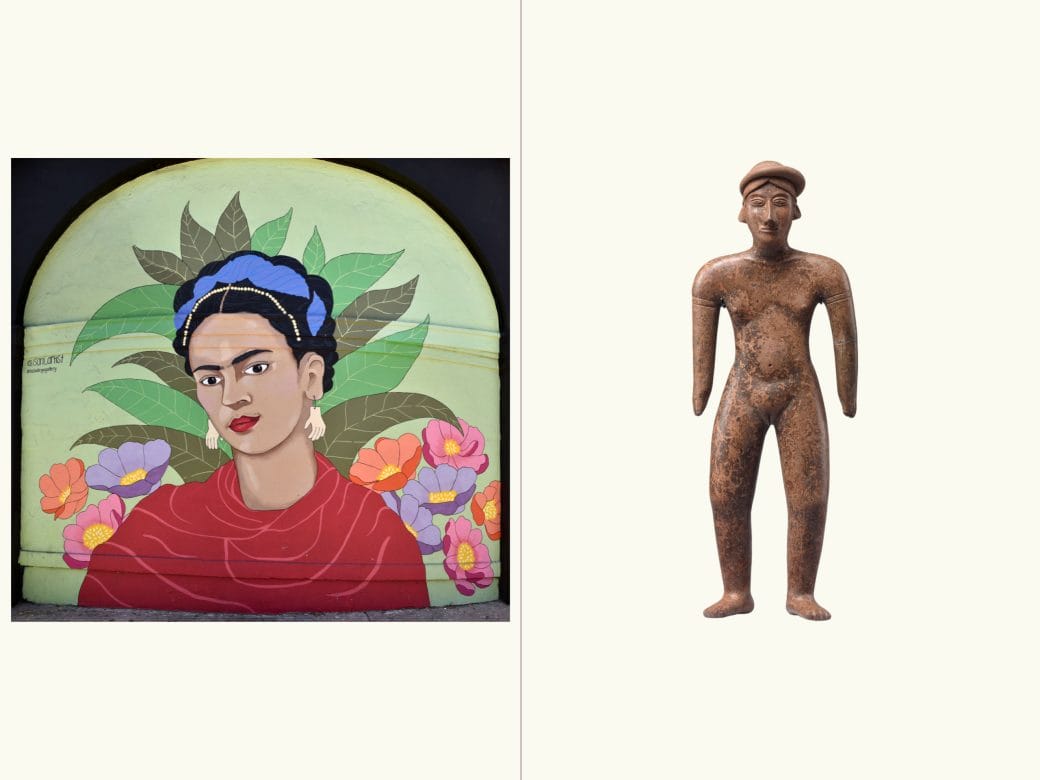 A comparison of two objects: A mural of Frida Kahlo with a flowery green background, and a painted ceramic figure with feminine features.