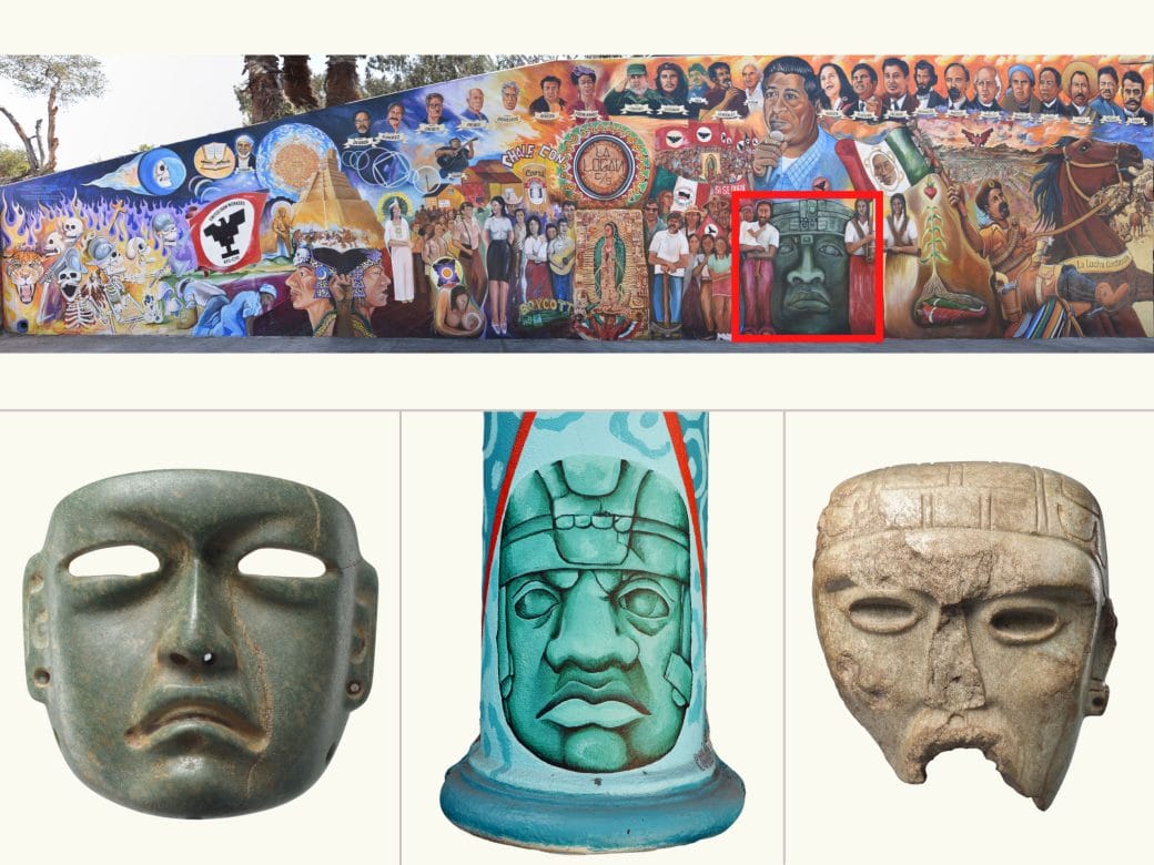 4 objects: 1. a busy mural that includes a painted Olmec head. 2. A green stone mask with eyes cut out. 3 A pillar painted with an Olmec mask, and 4. A mask fragment with eyes and hair. 