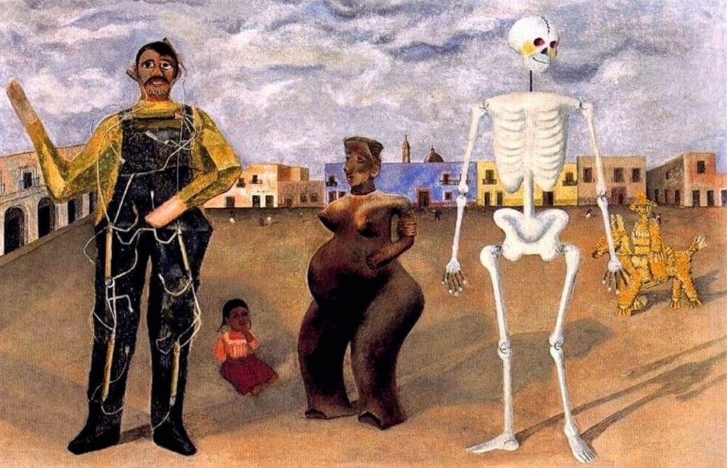 A painting of 5 figures: a Judas, a pre-Columbian symbol from Nayarit, a skeleton figure that children play with on the Day of the Dead, and a straw man riding a donkey. Seated in the painting is a depiction of Frida Kahlo as a child. 