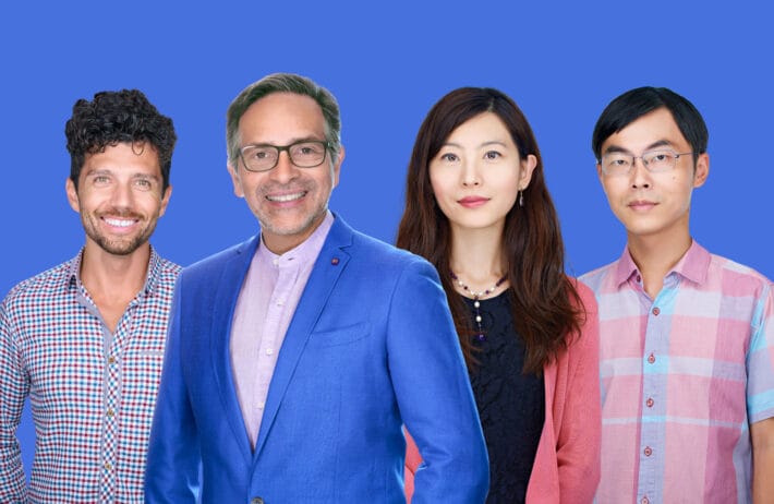 The 2023 Vilcek Prizewinners in biomedical science from left to right: Edward Chouchani, Alejandro Sánchez Alvarado, Biyu J. He, & Shixin Liu.