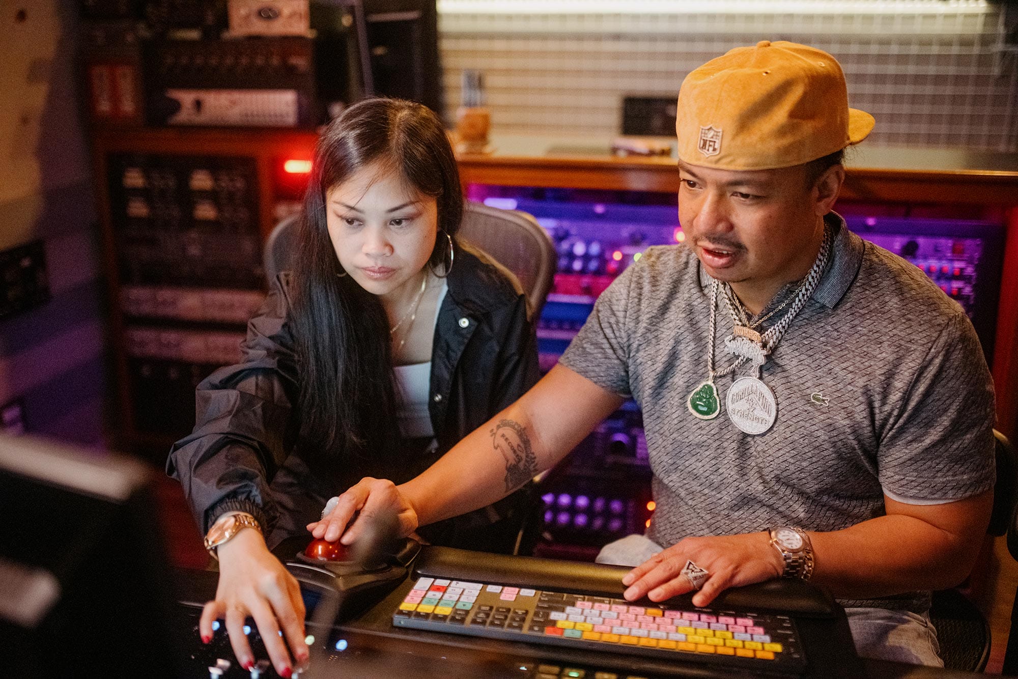 Ruby Ibarra and a collaborator in a music studio.