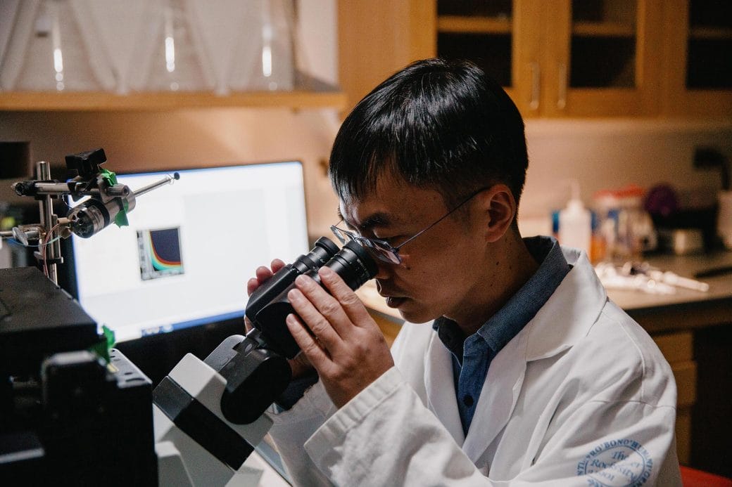 Shixin Liu looking through a microscope in his lab.