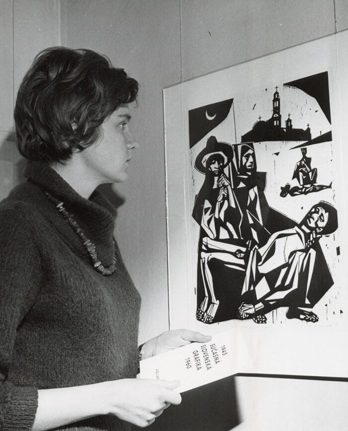 Marica Vilcek in Prague for the opening of the Slovak Contemporary Graphic Artists exhibition, which she organized during her work at the National Gallery in Bratislava, 1961.