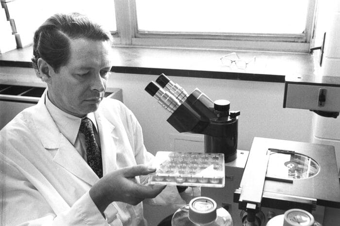 Jan Vilcek at his lab at New York University, c. 1980.