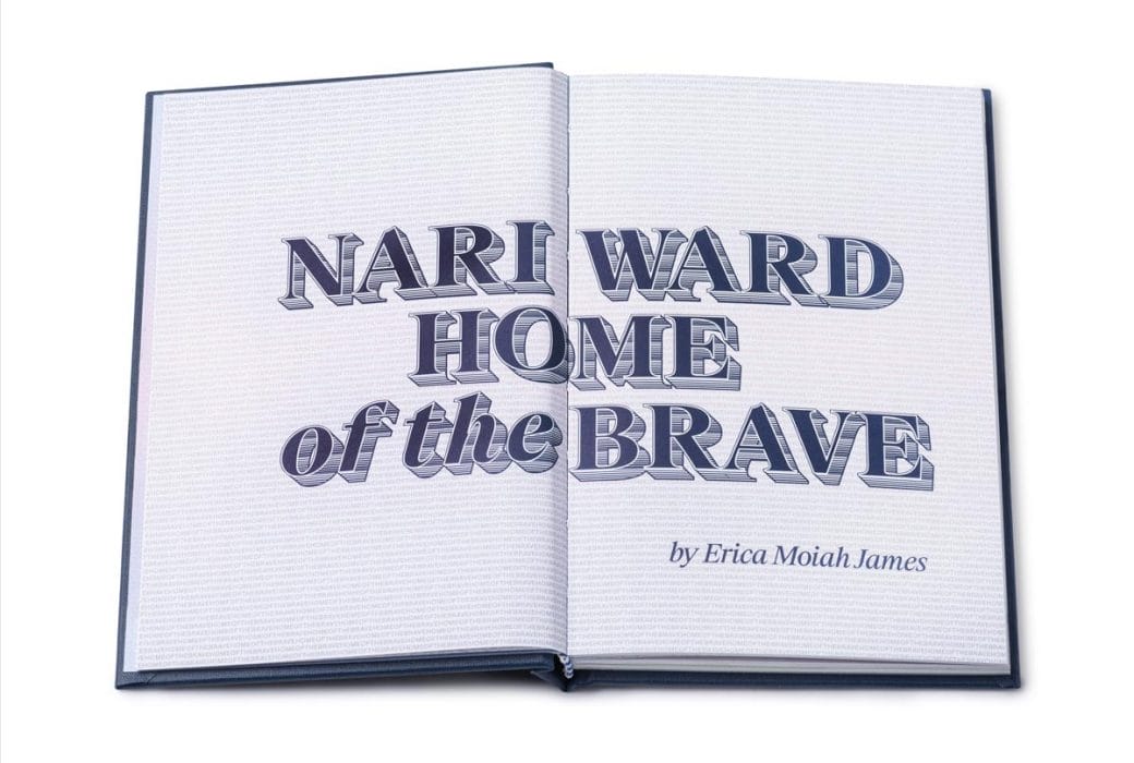 An open page spread with the title of the exhibition in navy blue block letters.