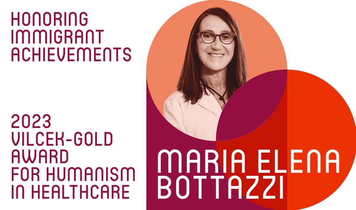 The official 2023 Vilcek-Gold Award heart-shaped graphic with a portrait of Dr. Maria Elena Bottazzi in shades of red.
