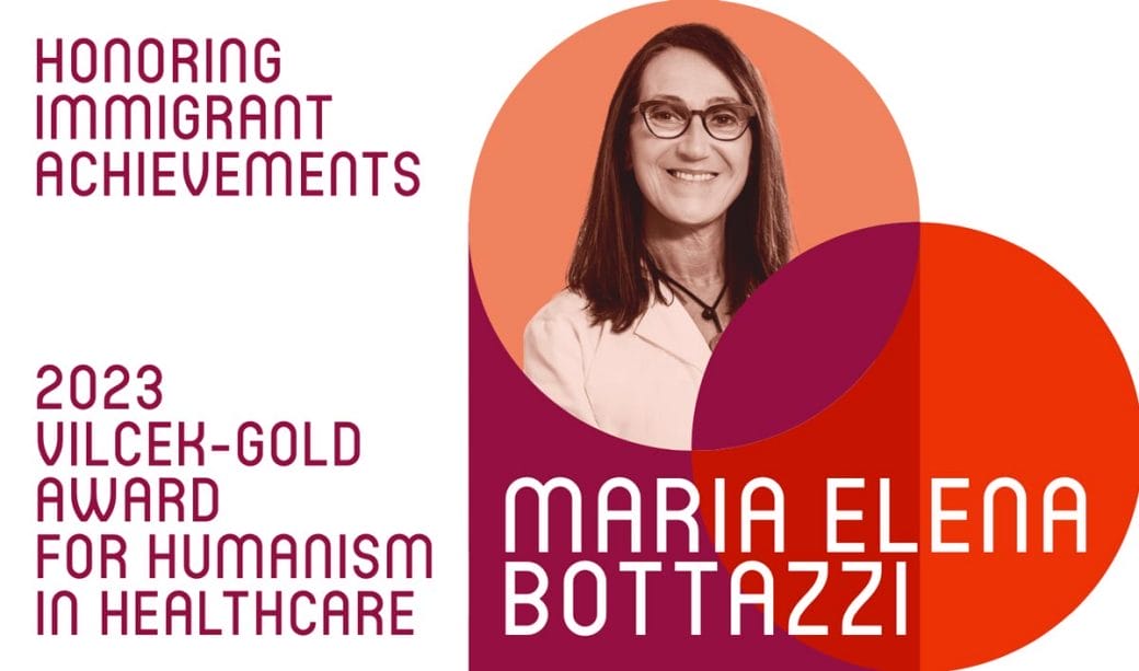 The official 2023 Vilcek-Gold Award heart-shaped graphic with a portrait of Dr. Maria Elena Bottazzi in shades of red.