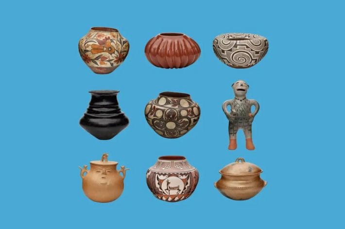 9 pots featured in the exhibition on a blue background.