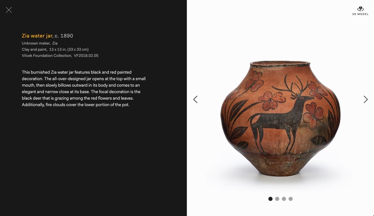 Left: A black background with white text. Right: An orange Zia pot with a black deer on a white background.