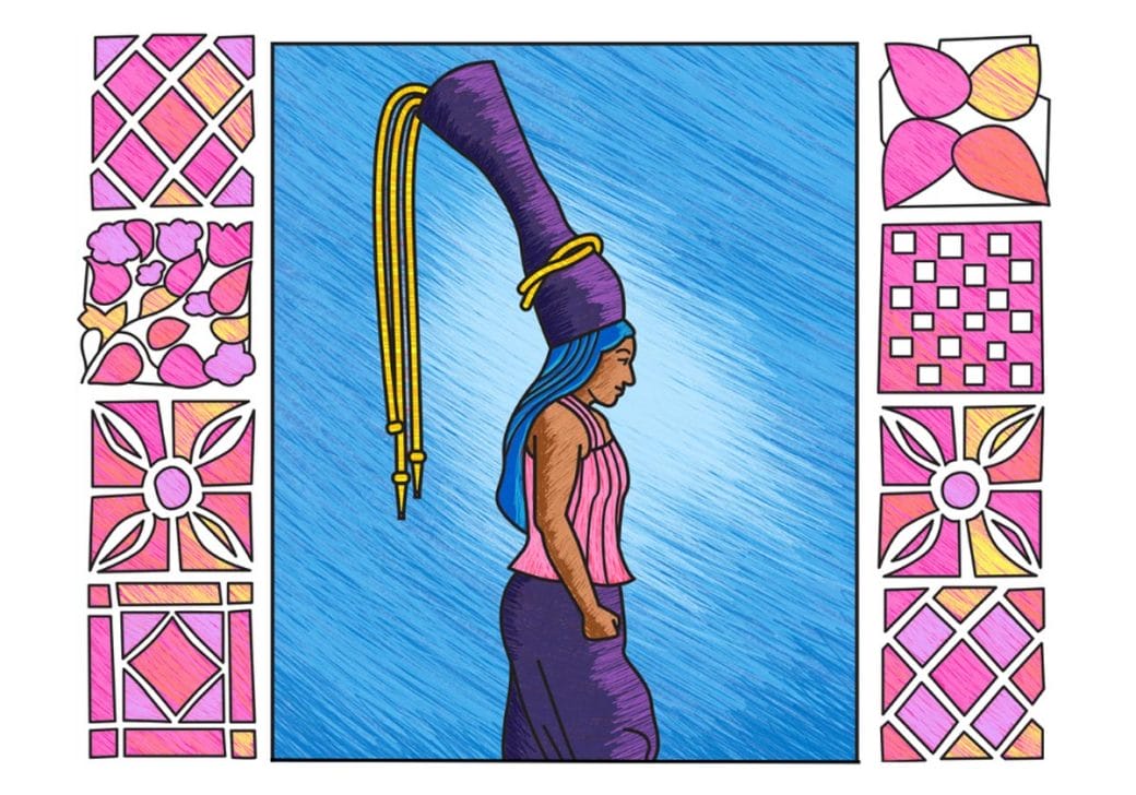 An illustrated image of Sama Alshaibi's 'Sheesha II' - a women in a long headdress bordered by decorative motifs.