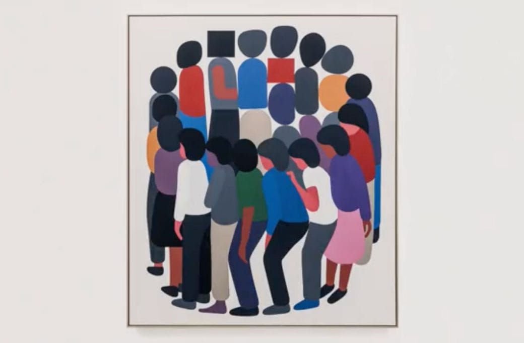 A painting of a circle of people standing behind each other by artist Geoff McFetridge.
