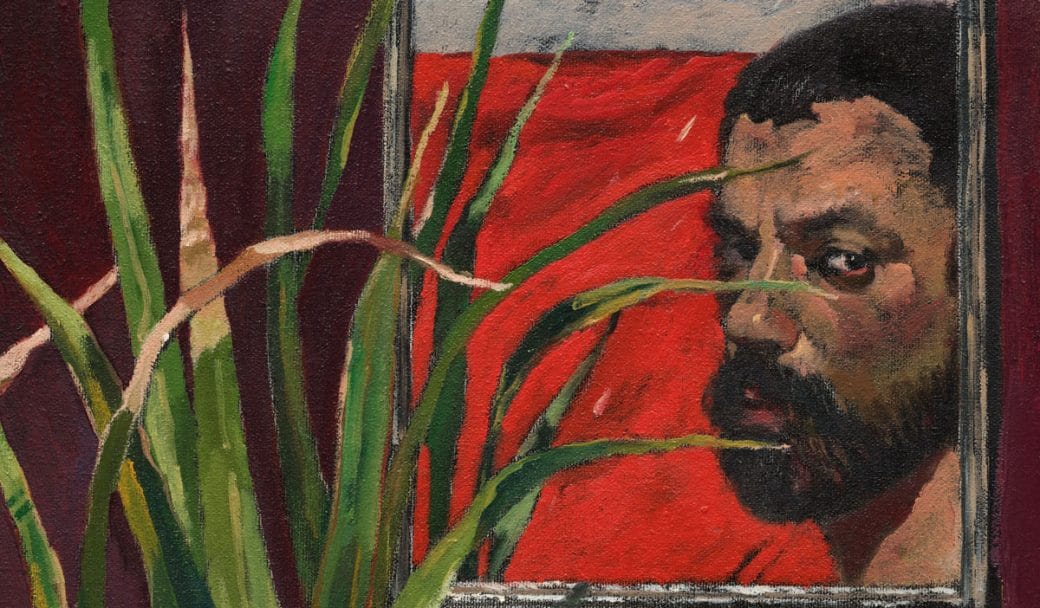 A painting of a masculine face and a green plant on a background with shades of red.