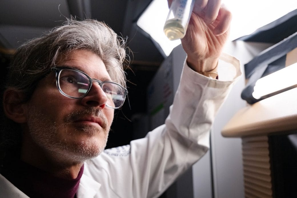 A close up of Luciano Marraffini as he examines a sample in a test-tube. 