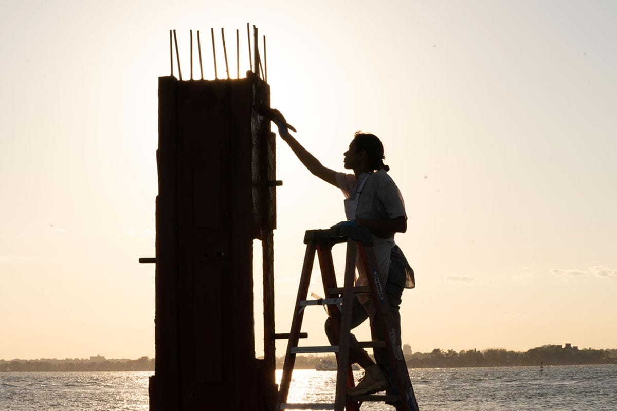 Maryam Turkey standing on a ladder working on an outdoor installation at sunset.