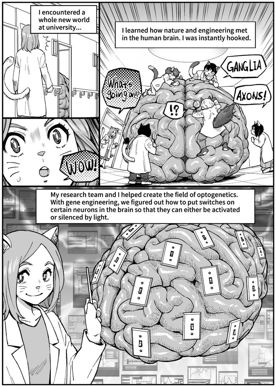 1st half of the page: Viviana Gradinaru at university with other students in lab coats examining a large brain. 2nd half of the page: Viviana Gradinaru next to a brain covered in "switches."