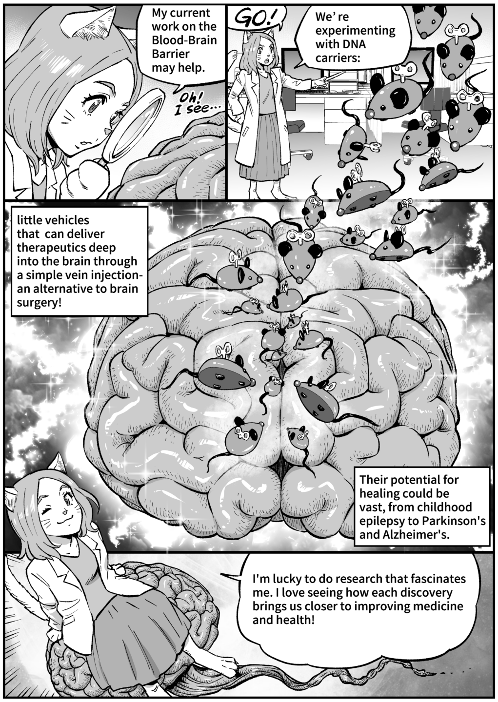 Viviana Gradinaru examines a brain with a magnifying glass, then sends wind-up mice as "vehicles" into the brain to deliver therapeutics.