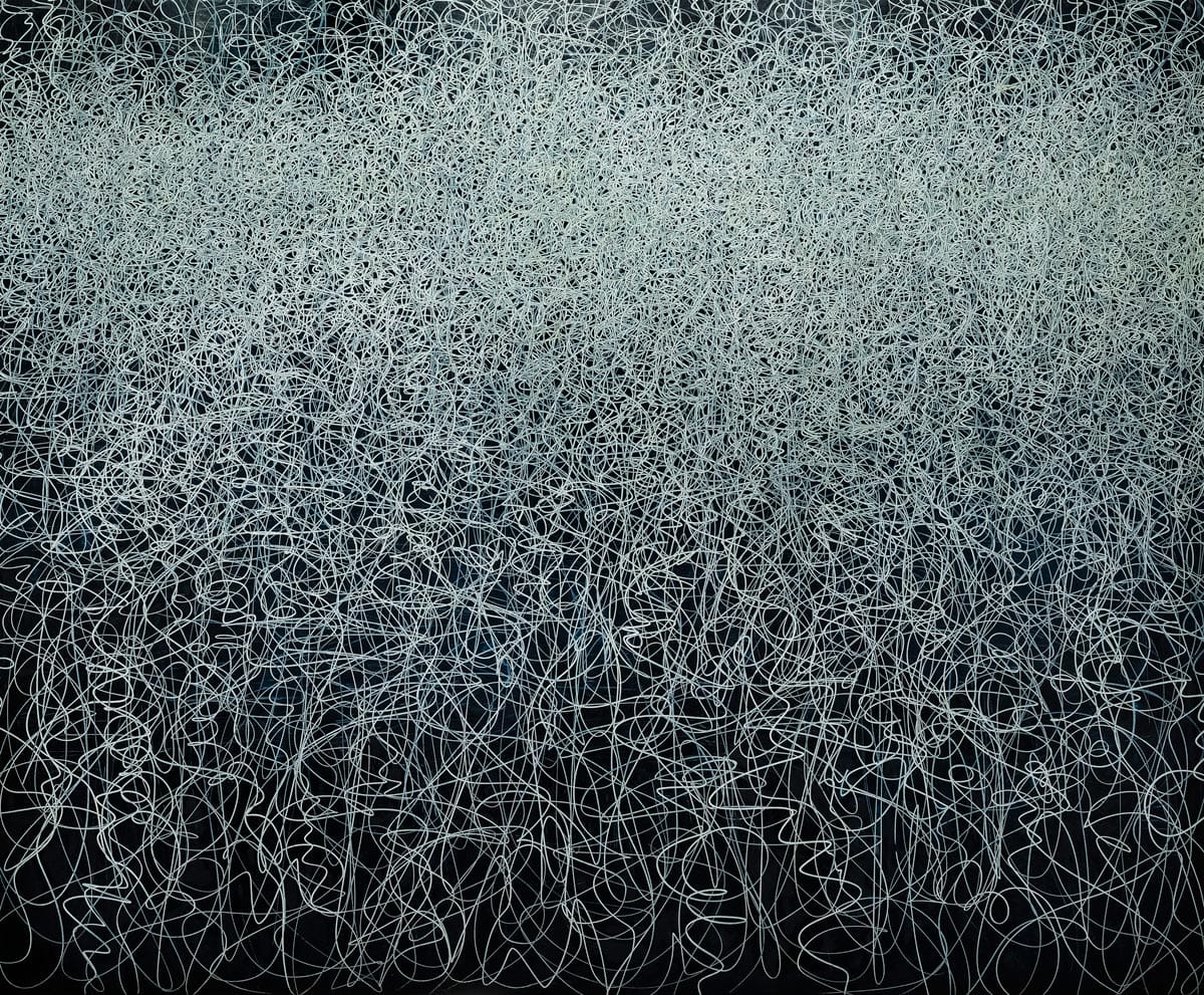 A black background covered with white squiggly shapes that are denser at the top of the canvas and disperse at the bottom.