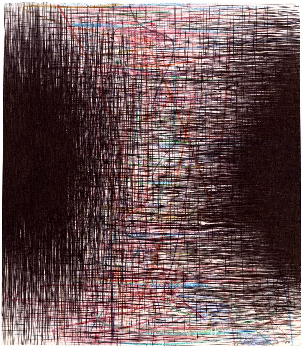 Multi-color pencil strokes are covered by layers of black pen that form semi-circular shapes both left and right of the page.