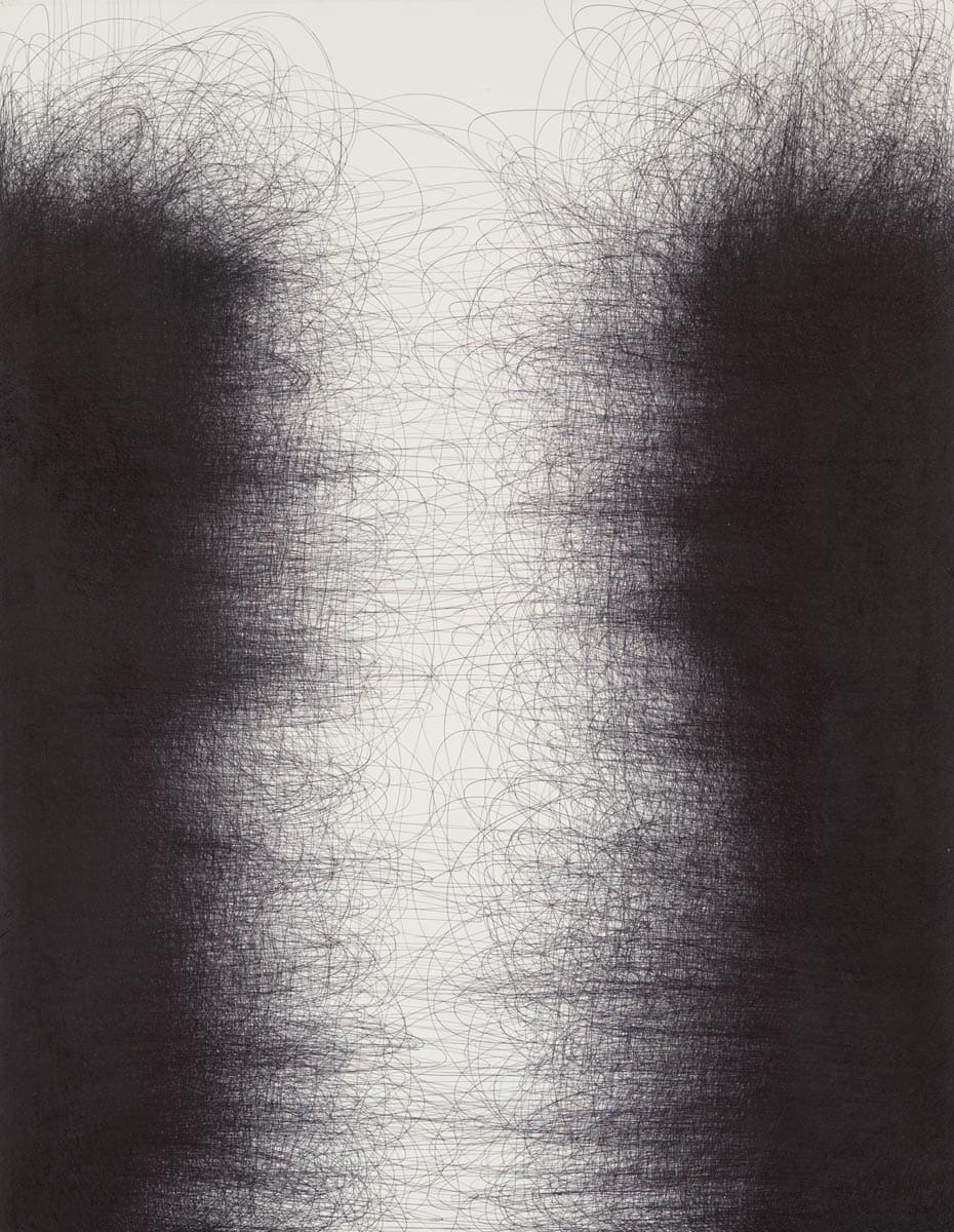 Black pen sketched to form two long shapes on both sides of the canvas with a 'cavern' in between them.