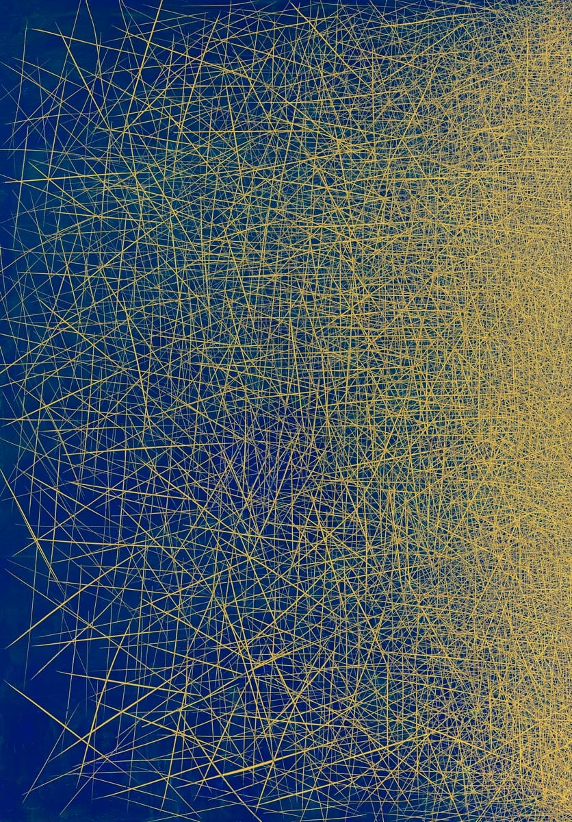 A blue background covered by harsh yellow brush-strokes that form a semi-circular shape on the right side of the canvas.