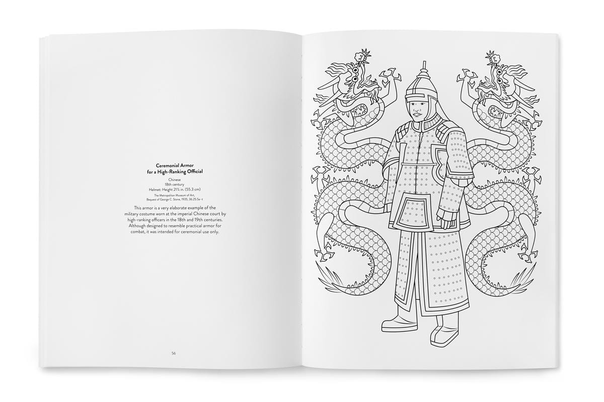 A double-page spread with an illustration of a Chinese suit of armor and dragons.