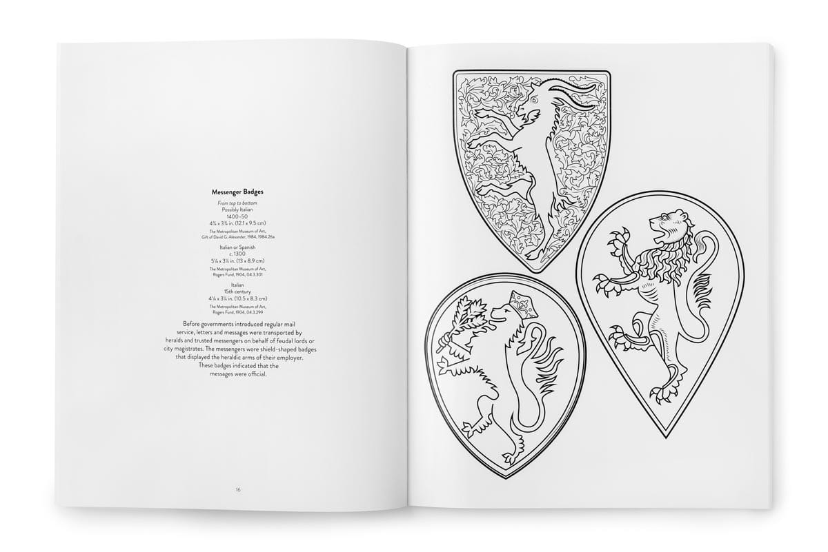 A double-page spread with three illustrations of European messenger badges with animals on them.