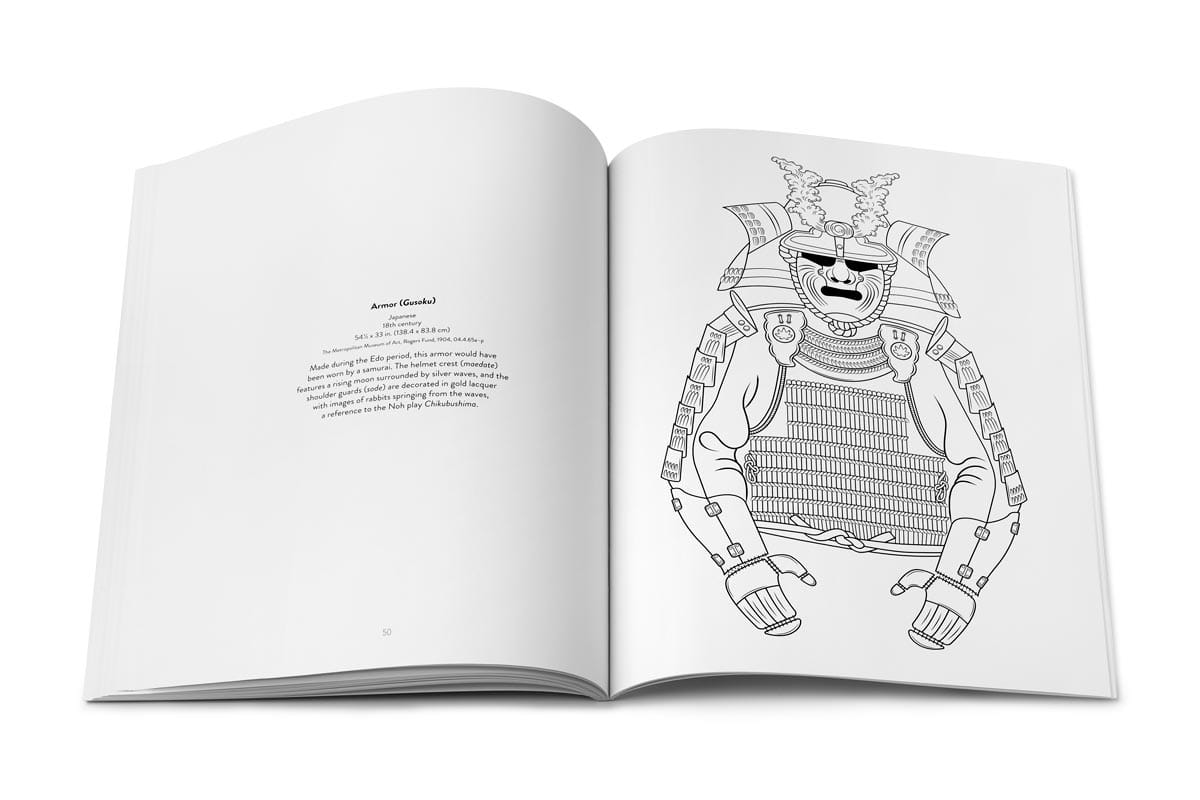 A double-page spread with a Japanese suit of armor illustrated on the right-hand side.