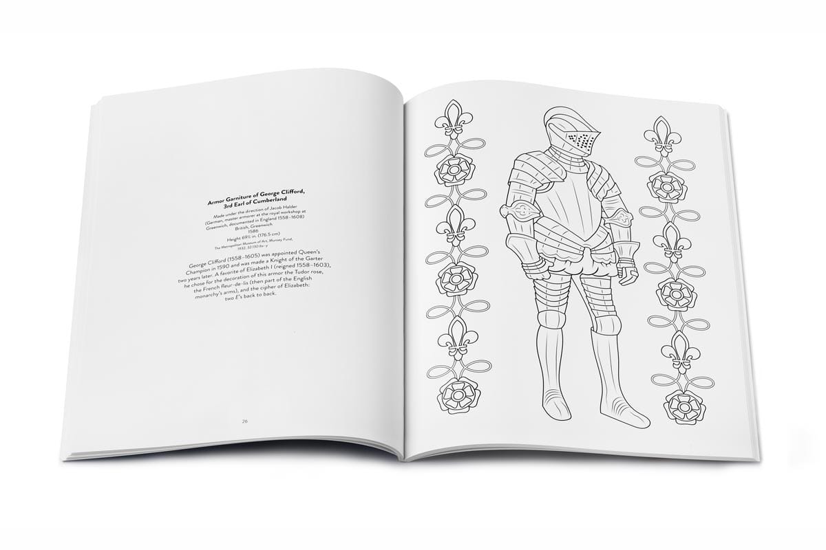 A double-page spread with an illustration of a full suit of British armor and emblems with flower designs bordering it.