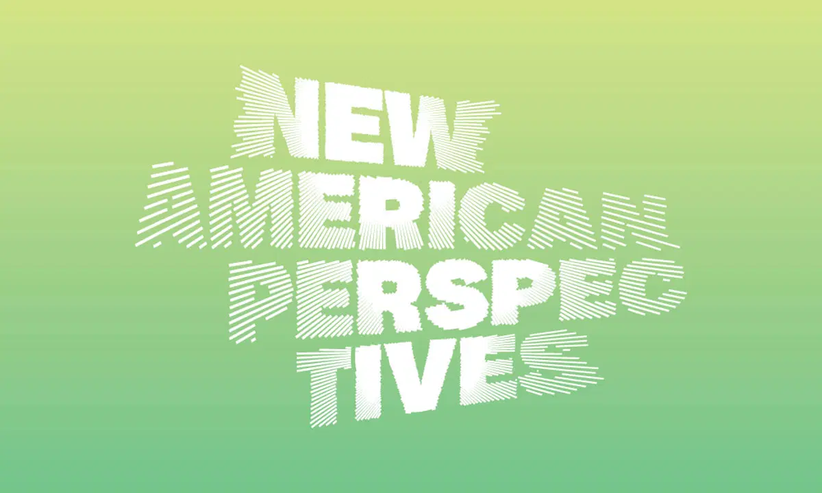 Program title graphic: "New American Perspectives" in white text against a gradient green background.