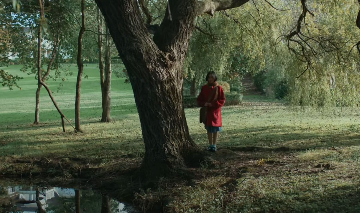 A still of Wei wearing a red jacket and standing in a park near a tree.