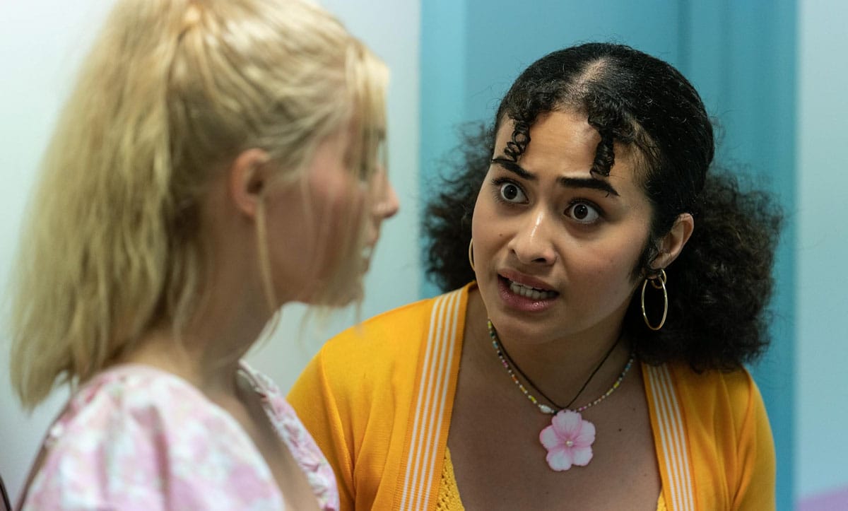 A still from "Grafted": Actors Eden Hart and Sepi Toa talking.
